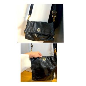 Tory Burch black leather Crossbody messenger bag- worn two ways. Gold hardware.